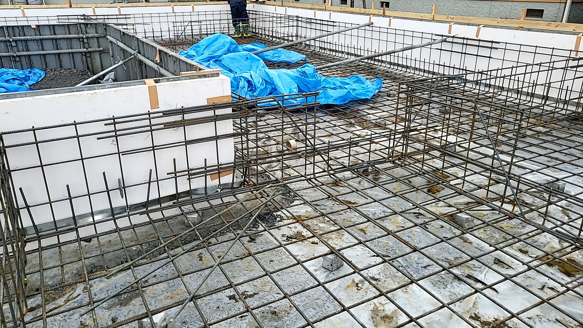 基礎の通り芯を、図面を確認しながら作業を進めております。