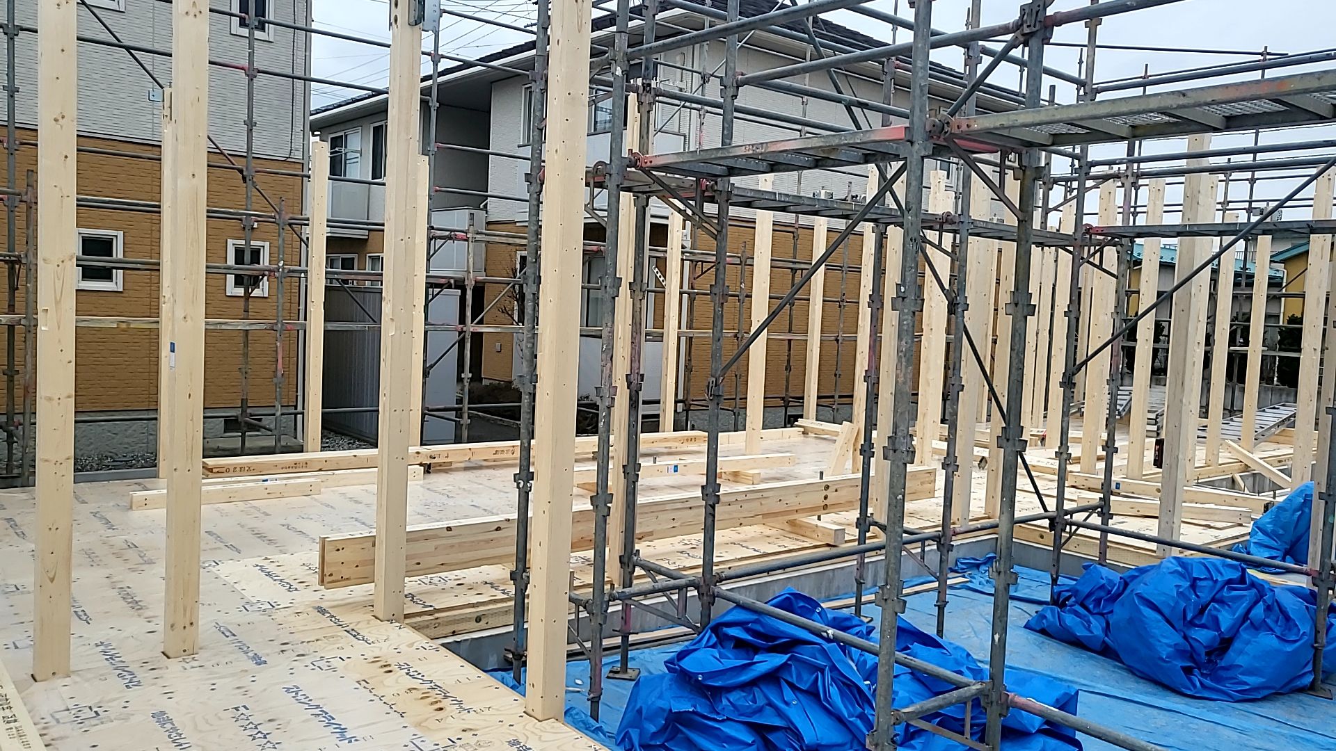 建て方が行われている様子です。番付と呼ばれる柱の割付図を確認しながら、柱立てを行っていきます。