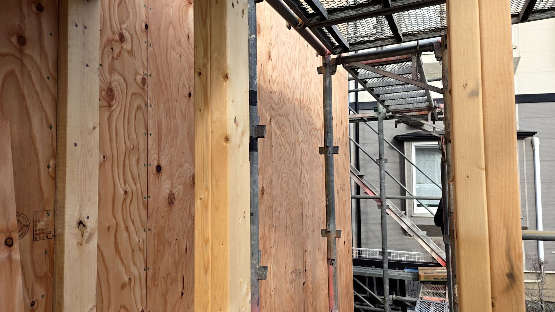 引き続き壁の合板張りが進められております。